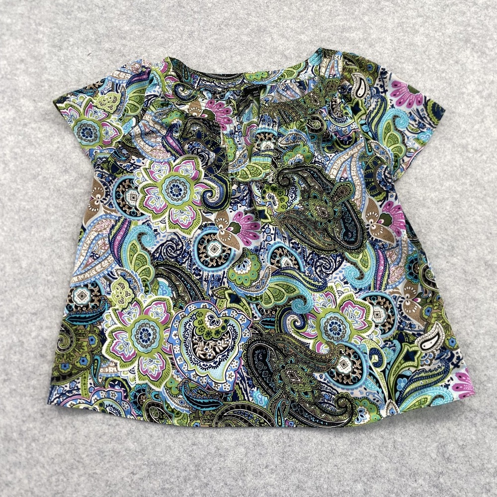Talbots Blouse Womens 14WP Petite Multicolor Paisley Scoop Neck Short Sleeve Top